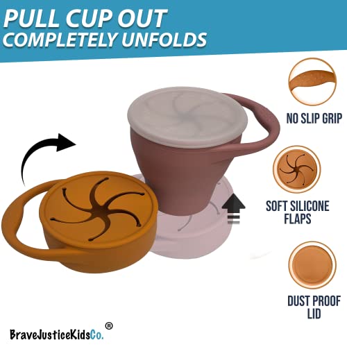 BraveJusticeKidsCo. | Snack Attack Silicone Baby Snack Cup | 2 pack | Collapsible Toddler Snack Cup