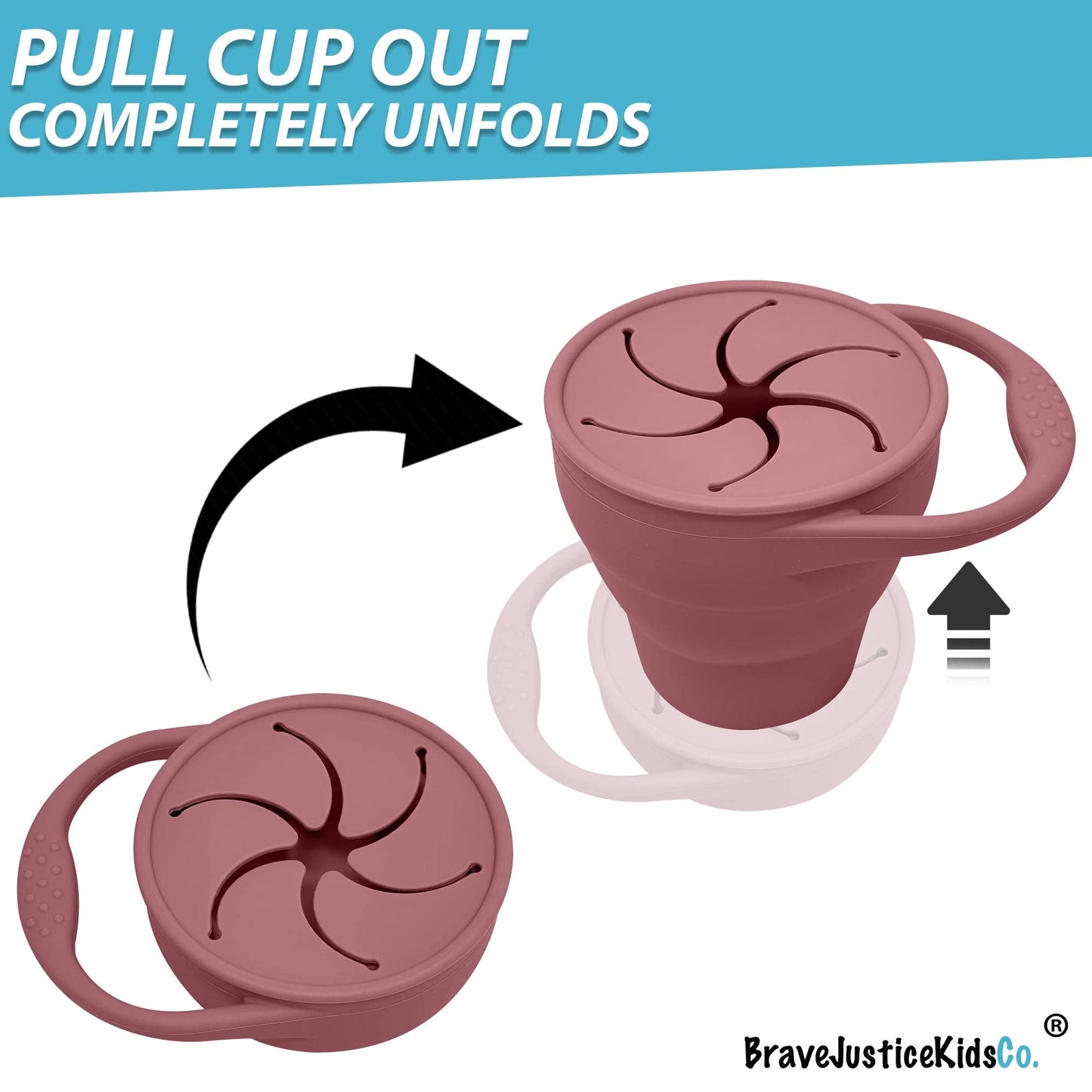 BraveJusticeKidsCo. | Snack Attack Snack Cup | Collapsible Silicone Snack Container | Toddler and Baby Snack Catcher Lid