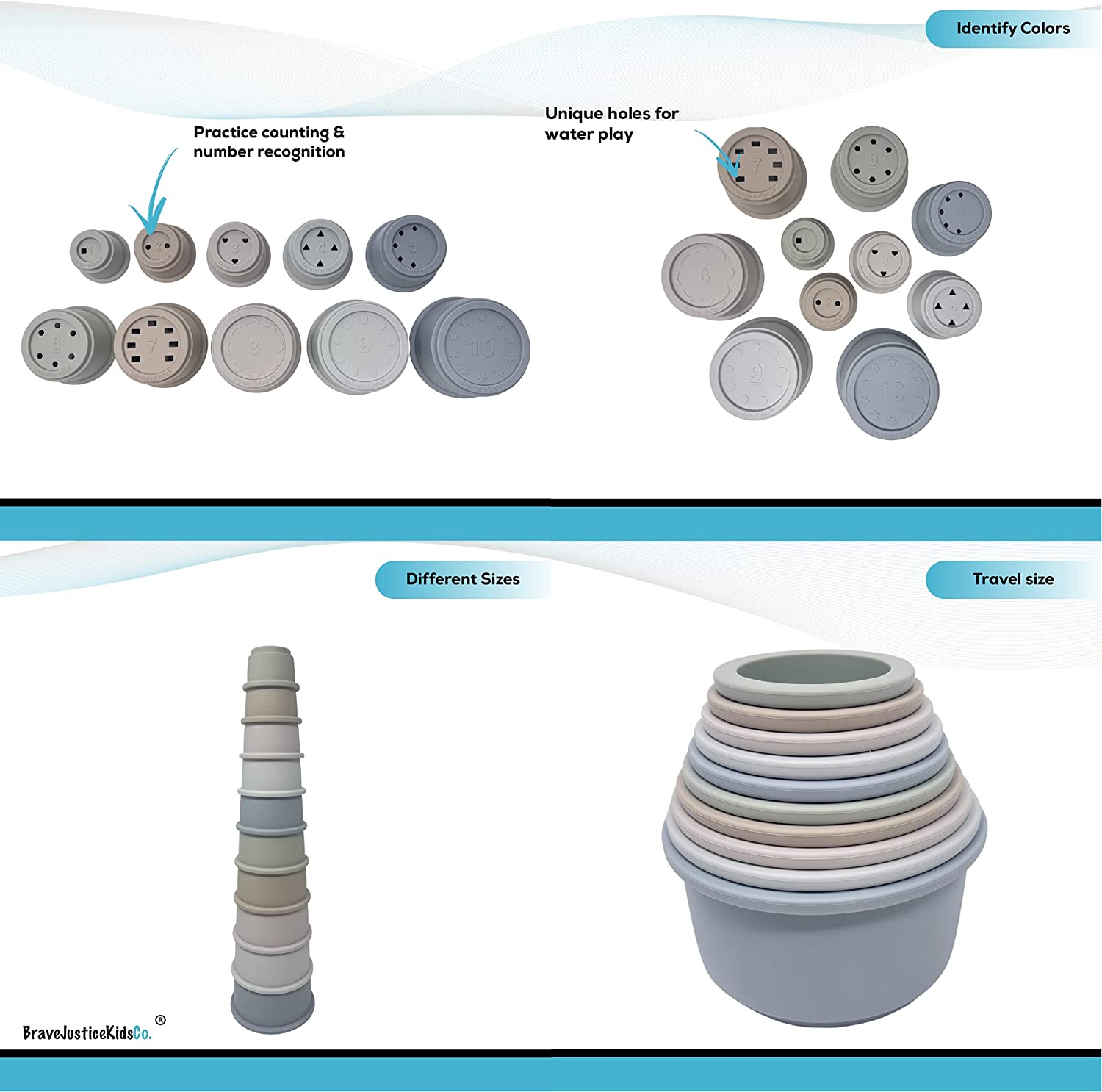 BraveJusticeKidsCo. Silicone Educational Stacking Cups (10 Pieces) | Baby Sorting and Counting | Bath Toys | Shapes, Numbers, & Colors