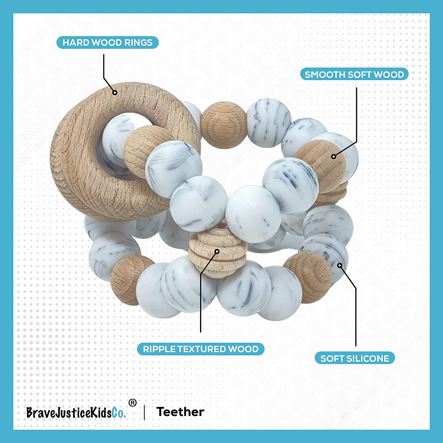 BraveJusticeKidsCo. Silicone Baby Sensory Wood Teether Ball