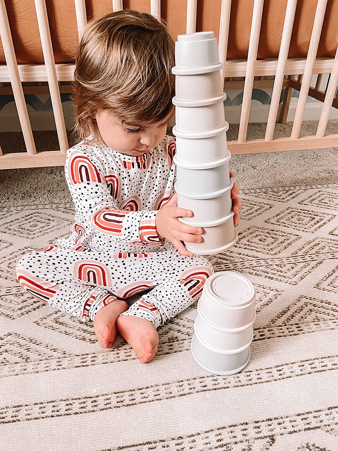 BraveJusticeKidsCo. Silicone Educational Stacking Cups (10 Pieces) | Baby Sorting and Counting | Bath Toys | Shapes, Numbers, & Colors